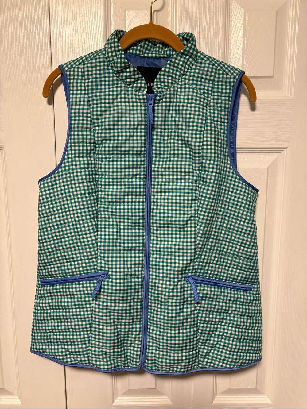 Talbots Green Gingham Quilted Vest with Blue Trim